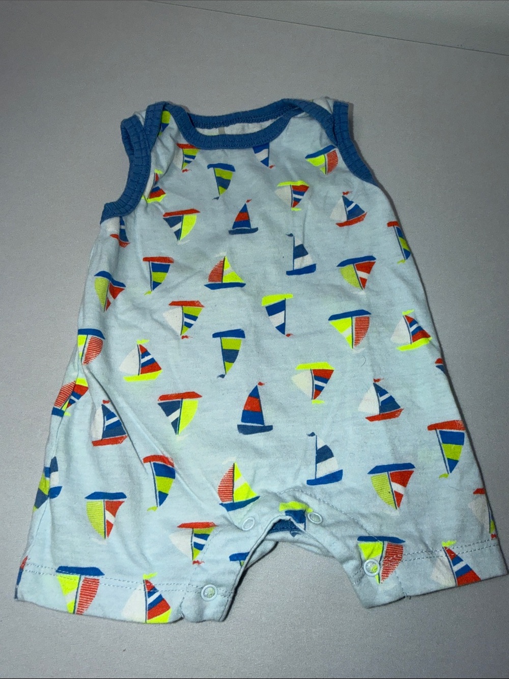 Baby Sailboat Print One-Piece Romper - Blue Trim